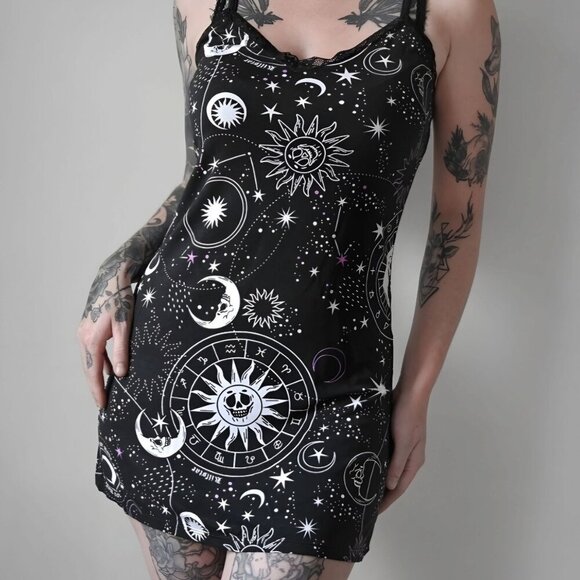 Killstar Astral Lace Cami Night Dress Black Celestial Sleepwear w/ Stars & Lace - Picture 1 of 5